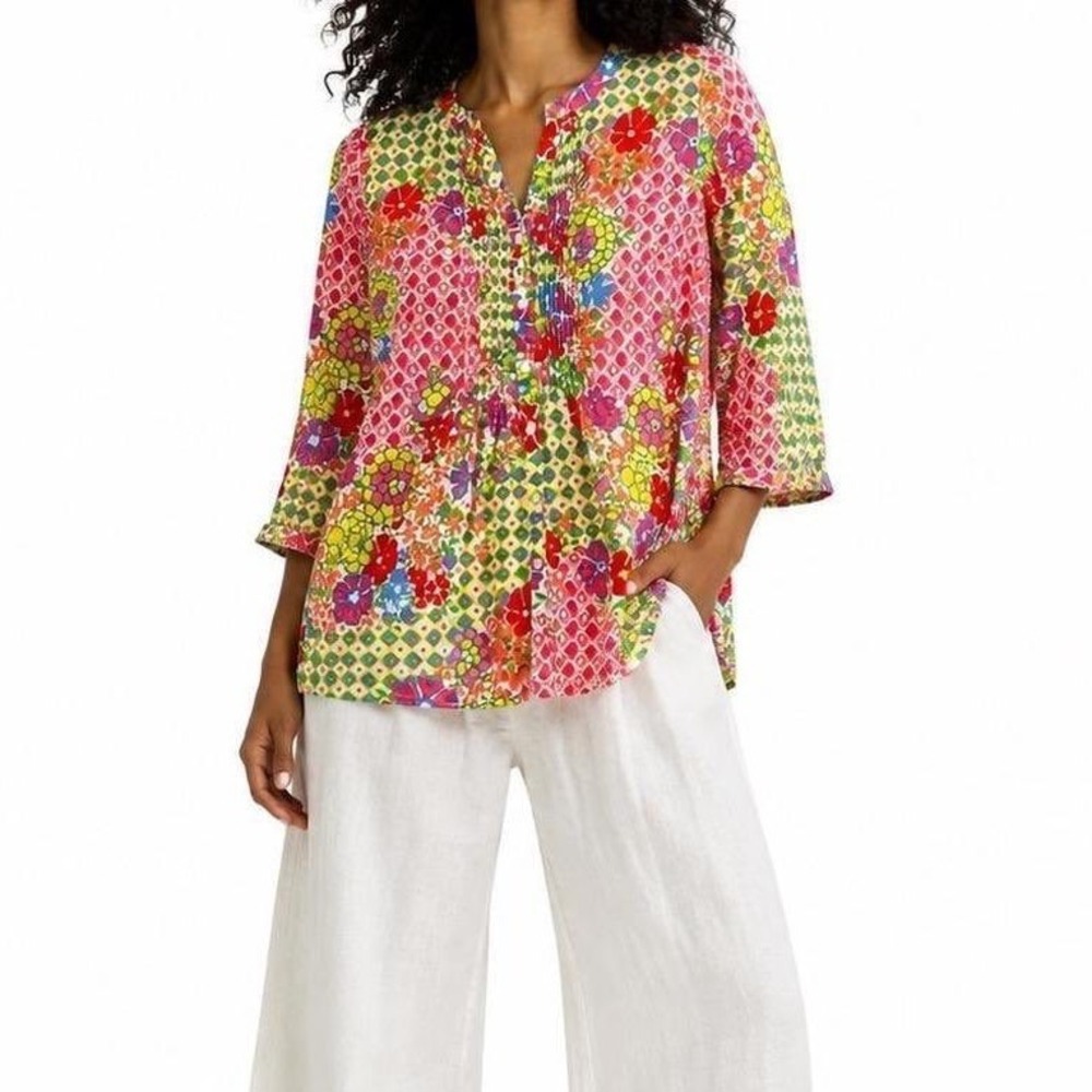 Talbots Floral Patchwork Pintuck Cotton Tunic Top Pink Yellow Boho Large pp